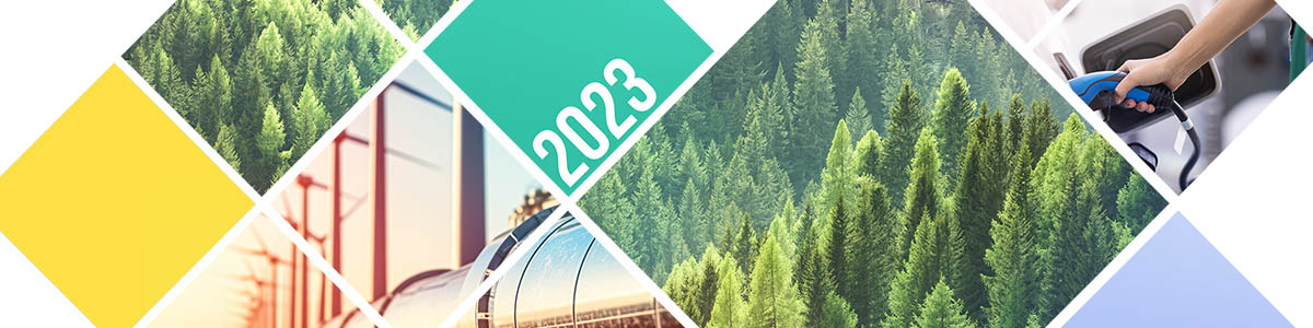 La bannière pour AE 2023 comporte des carreaux en forme de losange avec des images de forêts, d'un pipeline d'hydrogène au coucher du soleil et d'une personne chargeant son véhicule électrique.