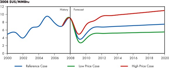 Figure 3.2 - Henry Hub Natural Gas Price at Louisiana, Reference Case Scenario and Price Cases