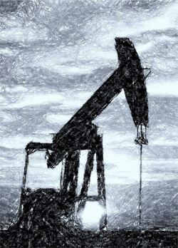 Artistic black and white image of an oil derrick