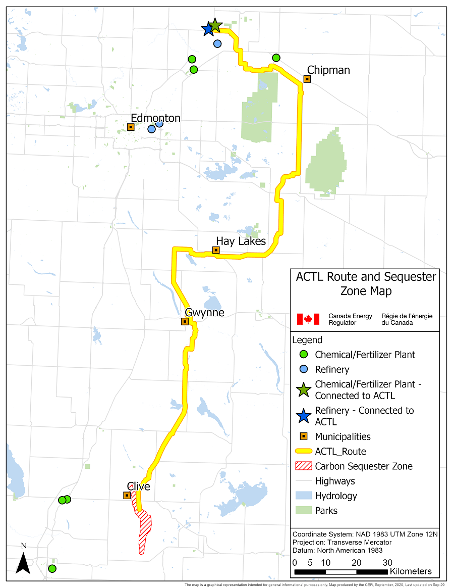 Map of Alberta Carbon Trunk Line Route