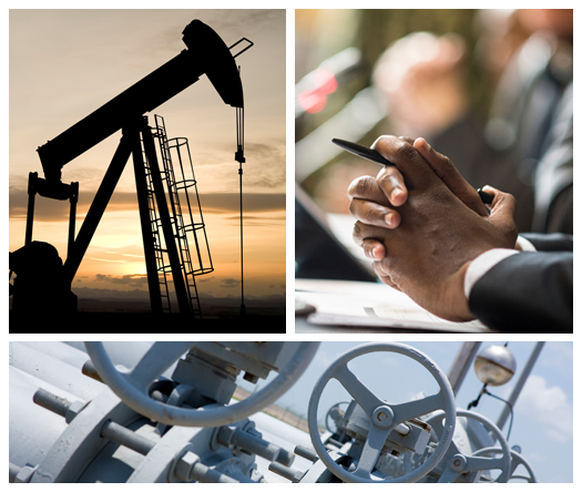 Photos: left: A pump jack silhouetted against the setting sun; bottom: The grey valves and wheels of a pump station on clear day; right: Folded hands hold a pen on a board room table in a large meeting room.