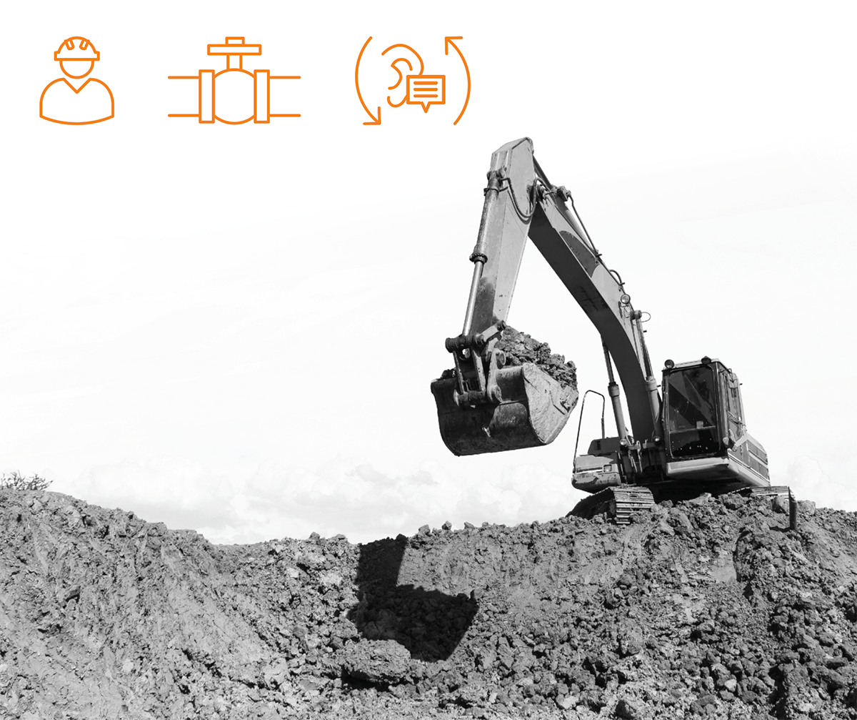 Icons: construction person, pipeline, steps for damage prevention and Backhoe digging in large mound of dirt