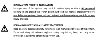 Warning label to read instruction manual and safety statements before installation.