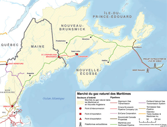 Figure 2.8 - Infrastructure pipelinière sur le marché du gaz naturel en Nouvelle-Écosse, au Nouveau-Brunswick et en Nouvelle-Angleterre