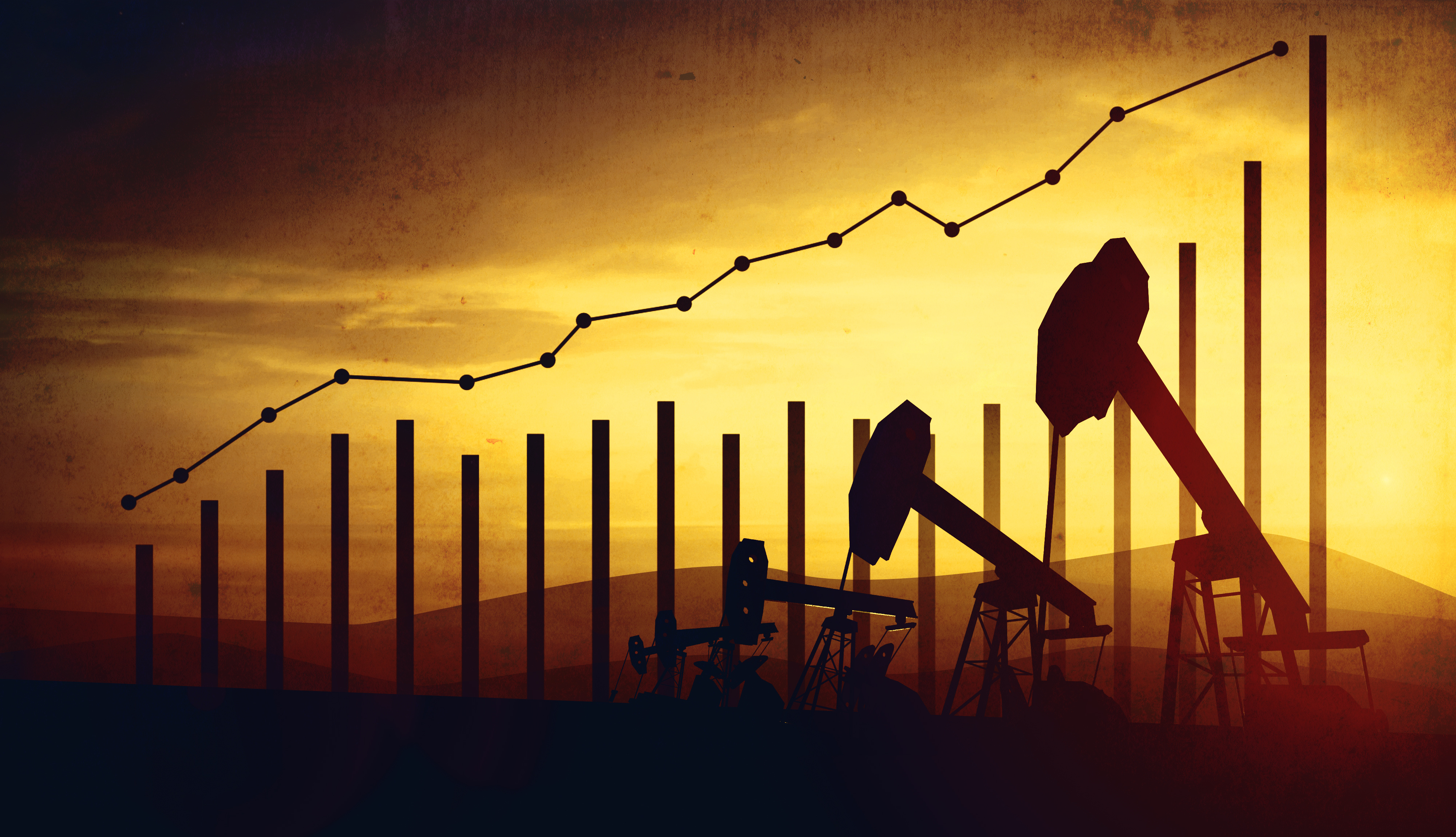 Une image de graphiques à points et à barres illustrant la hausse des prix du pétrole se superpose à une image représentant des tours de forage.