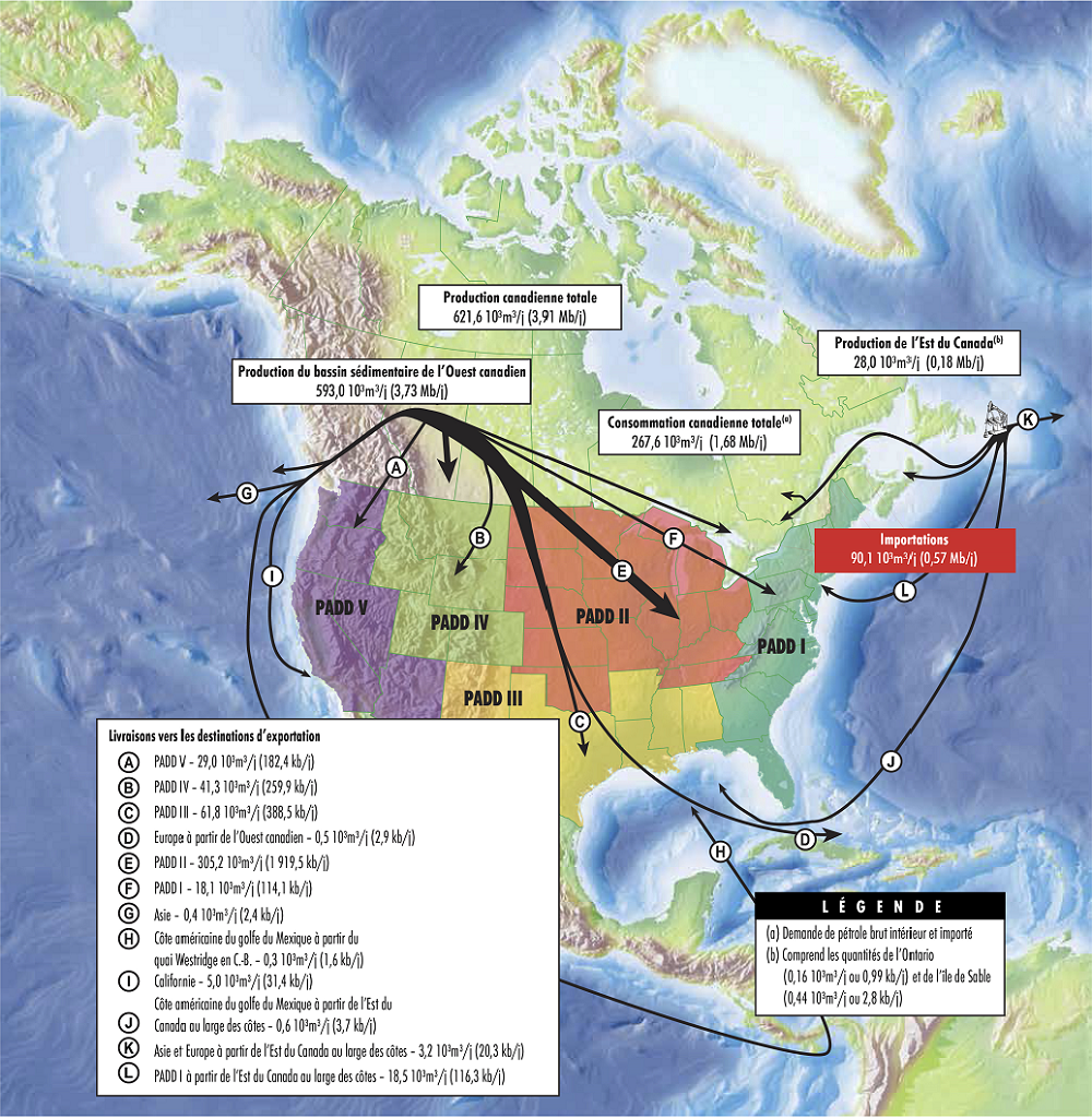 Cette carte donne un aperçu de l’approvisionnement en pétrole brut au Canada et de son utilisation en 2015.