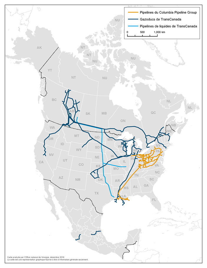 Cette carte du Canada, des États-Unis et du Mexique illustre les pipelines de gaz naturel et de liquides de TransCanada ainsi que les pipelines de Columbia. Les gazoducs de TransCanada sillonnent le Canada et les États-Unis et comprennent deux pipelines en exploitation au Mexique. Les pipelines de pétrole brut de TransCanada relient l’Alberta au Midwest américain et à la côte du golfe du Mexique. Les pipelines de Columbia sont situés aux États-Unis et permettent d’acheminer la production de Marcellus vers des marchés du Nord-Est des États-Unis et de la côte du golfe du Mexique. Cette carte est une représentation graphique fournie à titre d’information générale seulement.