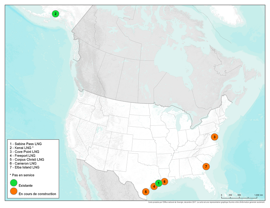 Figure 1 – Les terminaux d’exportation de GNL actuels et en construction en Amérique du Nord