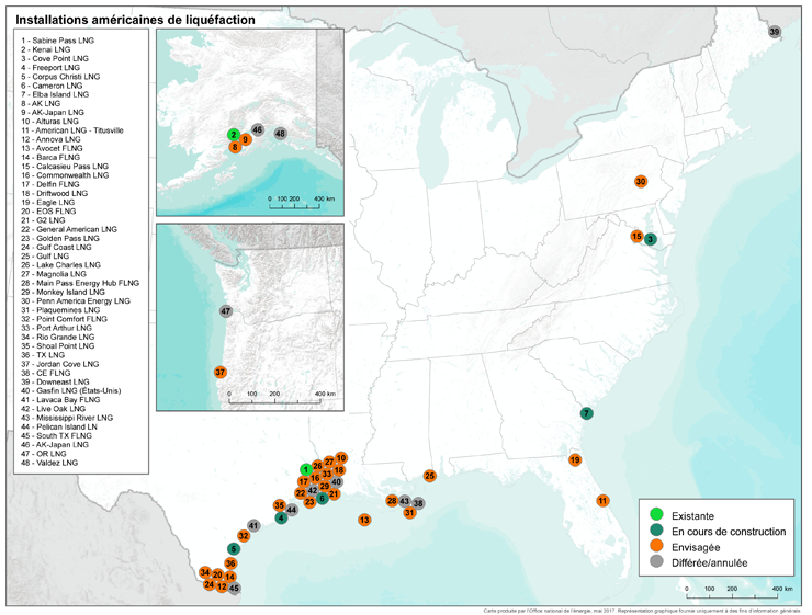 Figure 8 : Projets d’exportation et de liquéfaction de GNL aux États-Unis