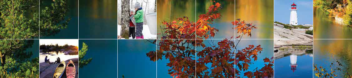 Small photos of kayaks, small children tapping sugar maple trees, and a lighthouse are interspersed in a banner image of a fall scene near a waterbody.