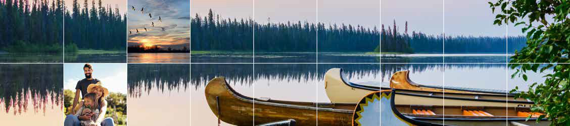 Small photos of a flock of geese at sunset and a young family are interspersed in a banner image of canoes on a lakeshore.