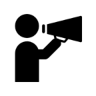 Black icon of a figure holding megaphone