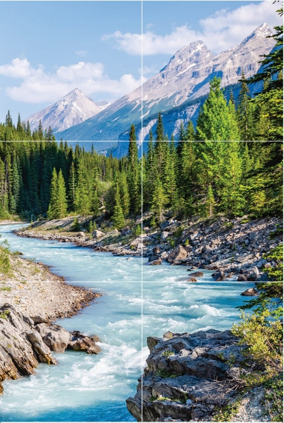 Landscape collage with square gridlines. Prominent center image is a river under blue sky, banked by green forest. Small top left image is a golden grain field. Small top right image is a rocky outcrop on backdrop of lavender sky with a sandy worksite visible at bottom.