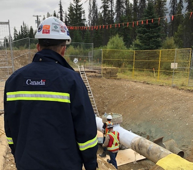 A CER inspector observes work on a section of pipe being prepared for reactivation at a Trans Mountain site in Jasper, Alta.