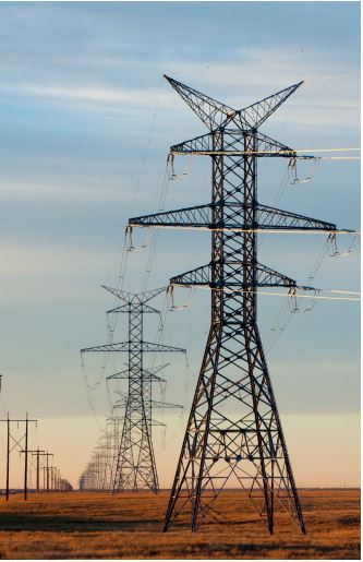A row of powerlines and transmission towers