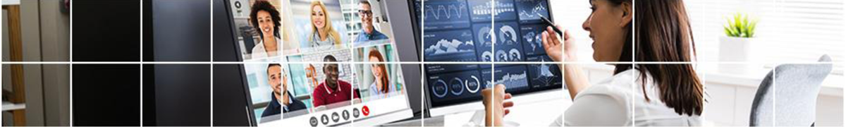 La photo montre un employé de bureau en train d’échanger avec six collègues par vidéoconférence.