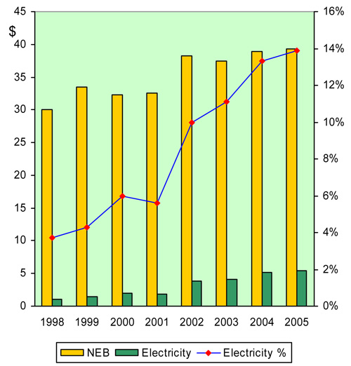NEB & Electricity Costs - 1998 to 2005 ($ millions)