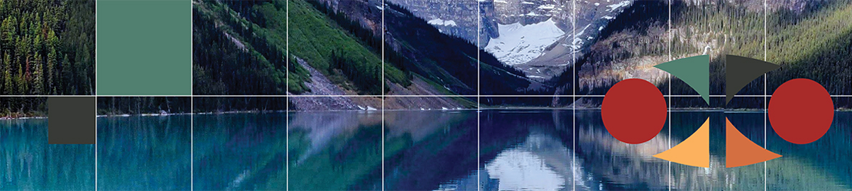 White gridded lines with the IAC logo overtop an image of mountains reflecting off of Lake Louise in Banff National Park