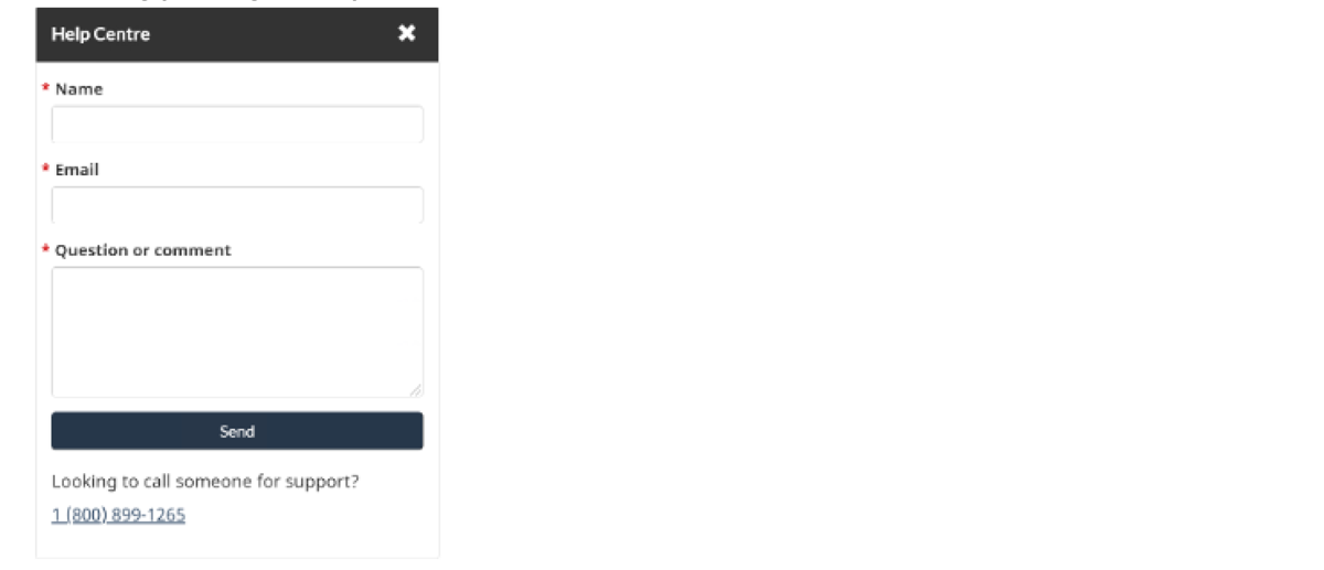 Help Centre form to fill in your name, email, and question or comment with a button to send at the bottom.