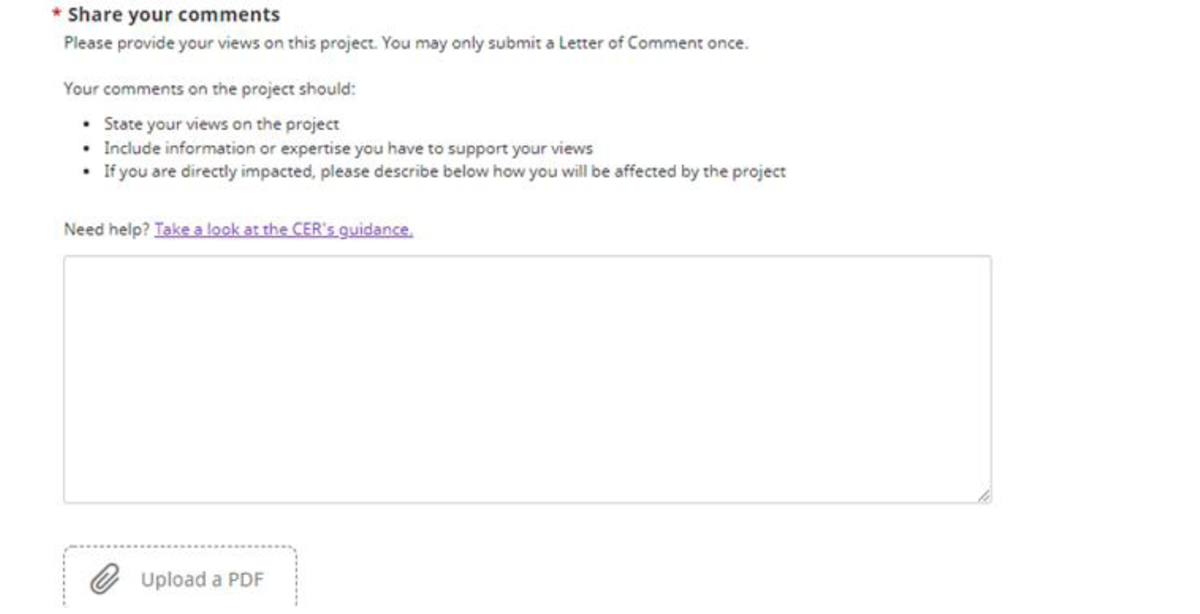 Image of a form with a large text box to fill in and another small image showing a paperclip symbol where you can upload a PDF. Instructions on sharing your comments.