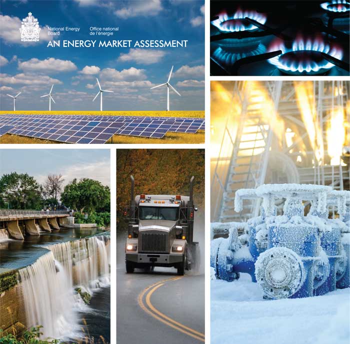Cover page - Energy Market Assessment, Wind turbines and solar panels, Natural gas stove top burner, Hydroelectric dam, Large truck driving down a road, Natural gas infrastructure covered in frost