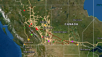 Carte du Canada montrant l’emplacement des pipelines et les données recueillies
concernant des incidents survenus depuis 2008
