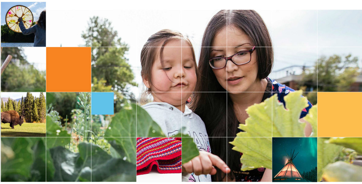 Background image of an Indigenous woman and child looking at plants. Collage of images including a weaved blanket, a buffalo in the field drummer and landscape of the northern lights with a tipi.  