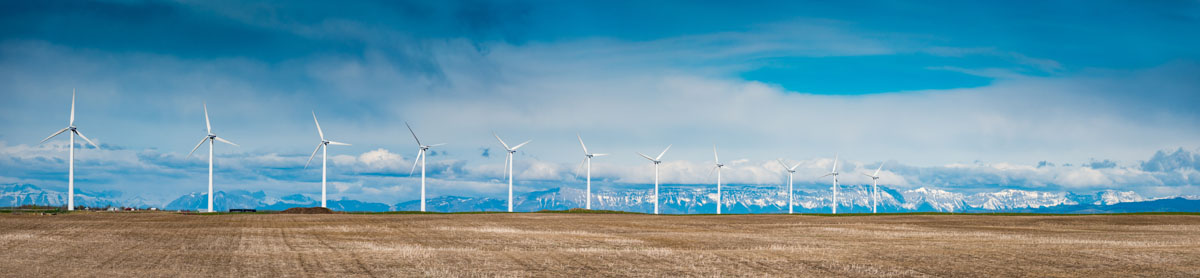 Row of wind turbines in a field in front of the Rocky Mountains.