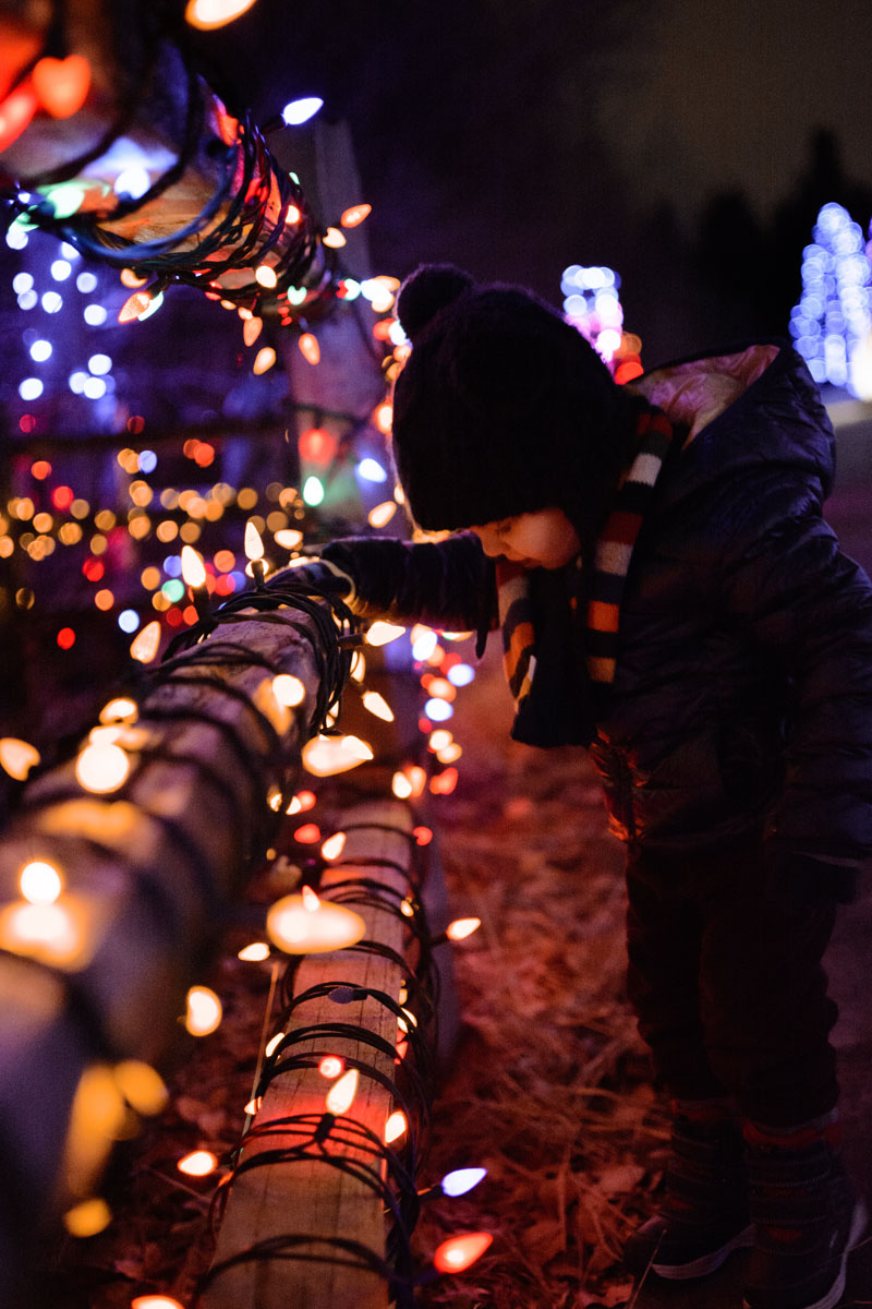 Child looking at Christmas lights.