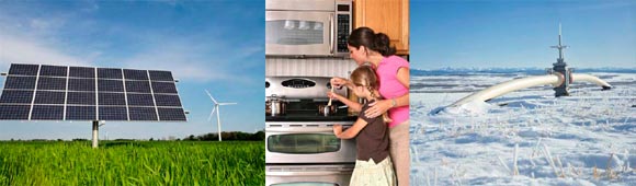 Solar panel, Mother and child in kitchen and Pipeline