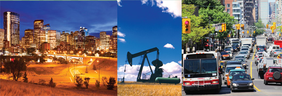 City skyline at night, oil well in a field and busy traffic on a city street