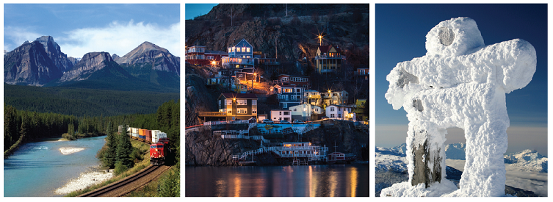 Photos: left: A transport train maneuvers through the rocky mountains of western Canada; centre: The sun goes down on colourful houses dotting the Newfoundland coastline; right: An inuksuk covered in driven snow and frost in the Canadian North.