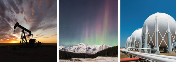 Photos: left: a jack pump silhouetted against a prairie sunset; centre: Aurora borealis captured over snow-capped mountains; right: white spherical LNG cryogenic tanks against a blue sky.