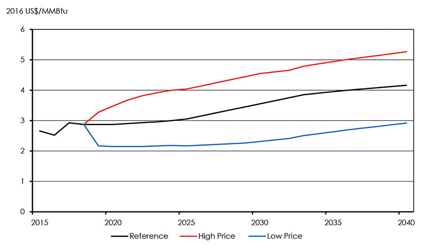 Figure 2.7: Henry Hub Price Assumptions, Reference, High Price and Low Price Cases