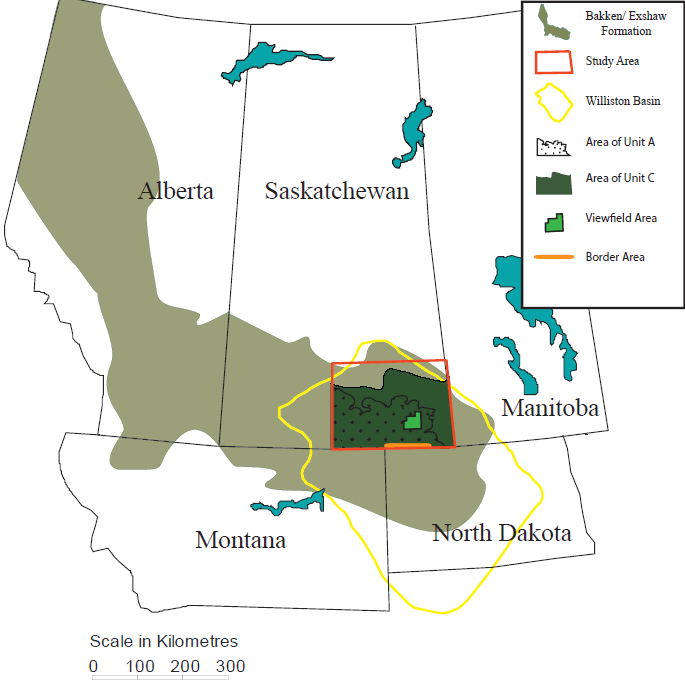 Figure 1: Generalized map showing the location of the Bakken Formation with an outline of the study area.
