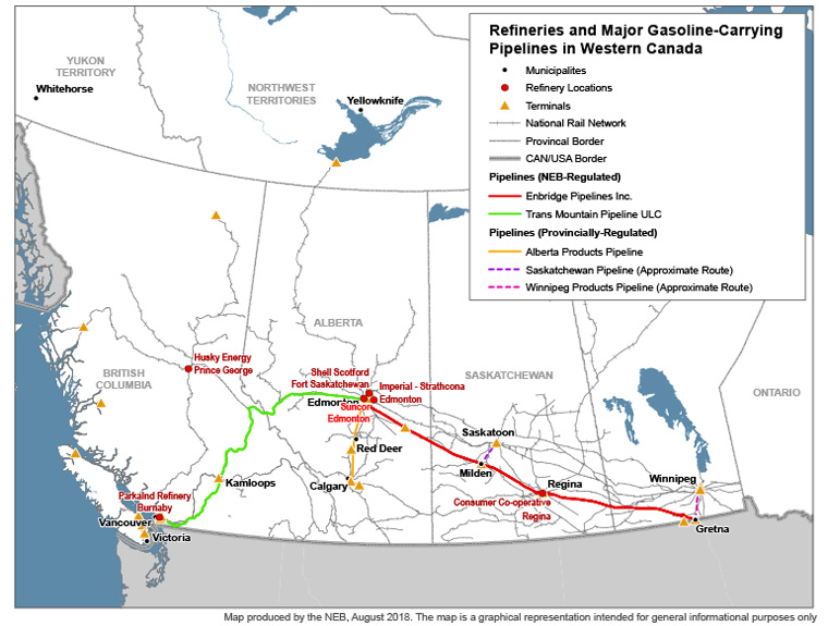 Figure 5: Refineries, and Major Gasoline-Carrying Pipelines in Western Canada