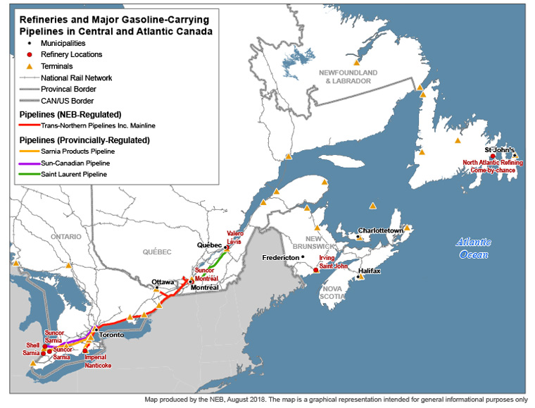 Figure 6: Refineries and Major Gasoline-Carrying Pipelines in Central and Atlantic Canada