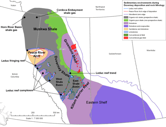 Figure 14 - Map of depositional setting during Duvernay shale deposition