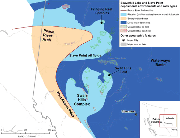 Figure 15 - Map of depositional setting during Beaverhill Lake and Slave Point deposition