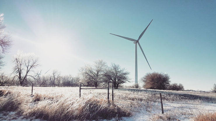 One wind turbine in a rural area, the landscape is snowy and the trees are covered in frost
