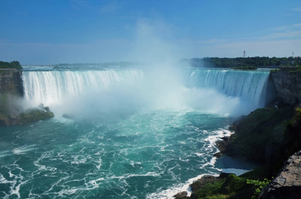 Aerial view of Niagara Falls on a sunny, clear day