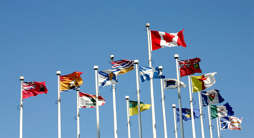 Drapeaux provinciaux, territoriaux et national du Canada qui flottent au vent sur fond de ciel bleu