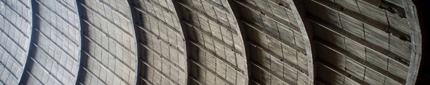 Interior view of a concrete cooling tower.