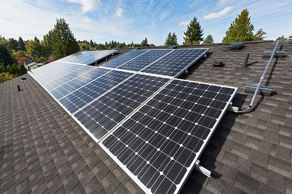 Panneaux solaires sur le toit d’un immeuble résidentiel. La cime des arbres est visible en arrière-plan.