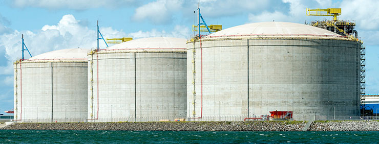 Three large tanks for liquid natural gas storage in the Rotterdam harbour