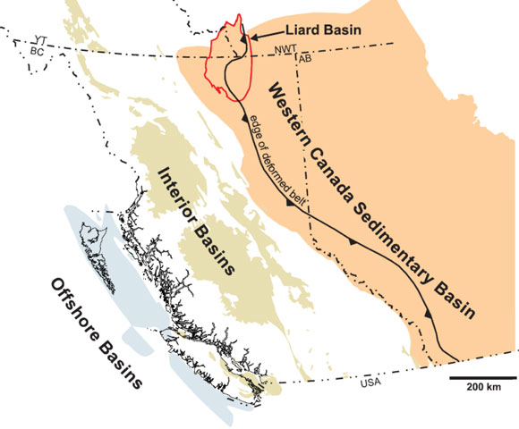 Figure 1. Location of the Liard Basin within the Western Canada Sedimentary Basin. The eastern boundary of the Liard Basin largely coincides with the Bovie Fault (see Figure 2). Modified from Ferri et al. (2015)