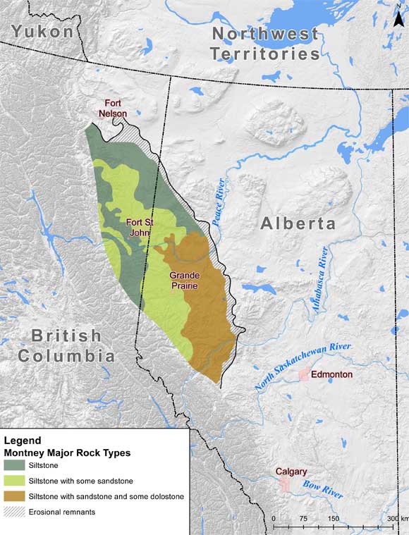 Figure 1. Generalized map showing the location of the Montney Formation in the subsurface of Alberta and British Columbia. Modified from the Geological Atlas of the Western Canada Sedimentary Basin