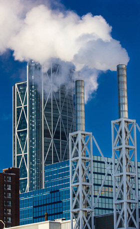 Photo of steam rising from the ENMAX cogeneration plant in downtown Calgary on a chilly day in January.