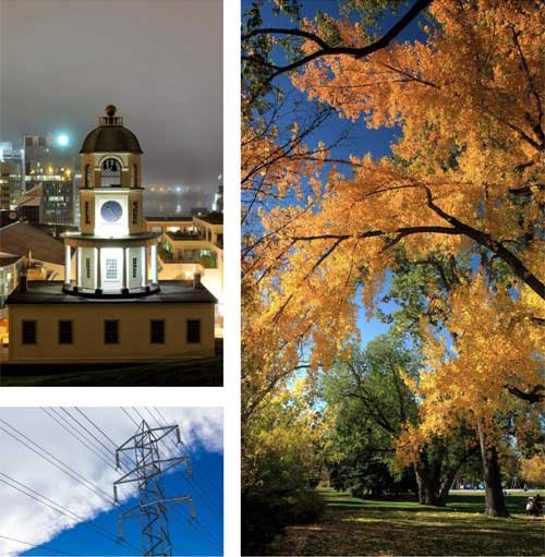 Photos - En haut à gauche : Éclairage par une nuit brumeuse de la tour de l’horloge d’Halifax. - À droite : Arbres aux couleurs vives d’automne dans un parc. - En bas à gauche : Lignes électriques sur fond partiellement nuageux.