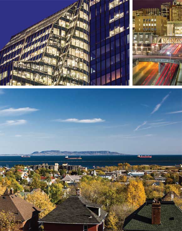 Photos: Top left: Office towers at night. Top right: Car taillights moving through a downtown underpass. Bottom: A view of the Sleeping Giant and Lake Superior from Thunder Bay in the fall.